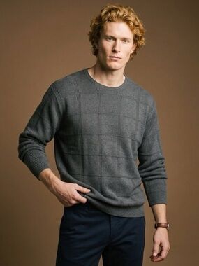 Arrow - Gray Knit Sweater - Textured Grid Pattern - 100% Cotton - Size XXL